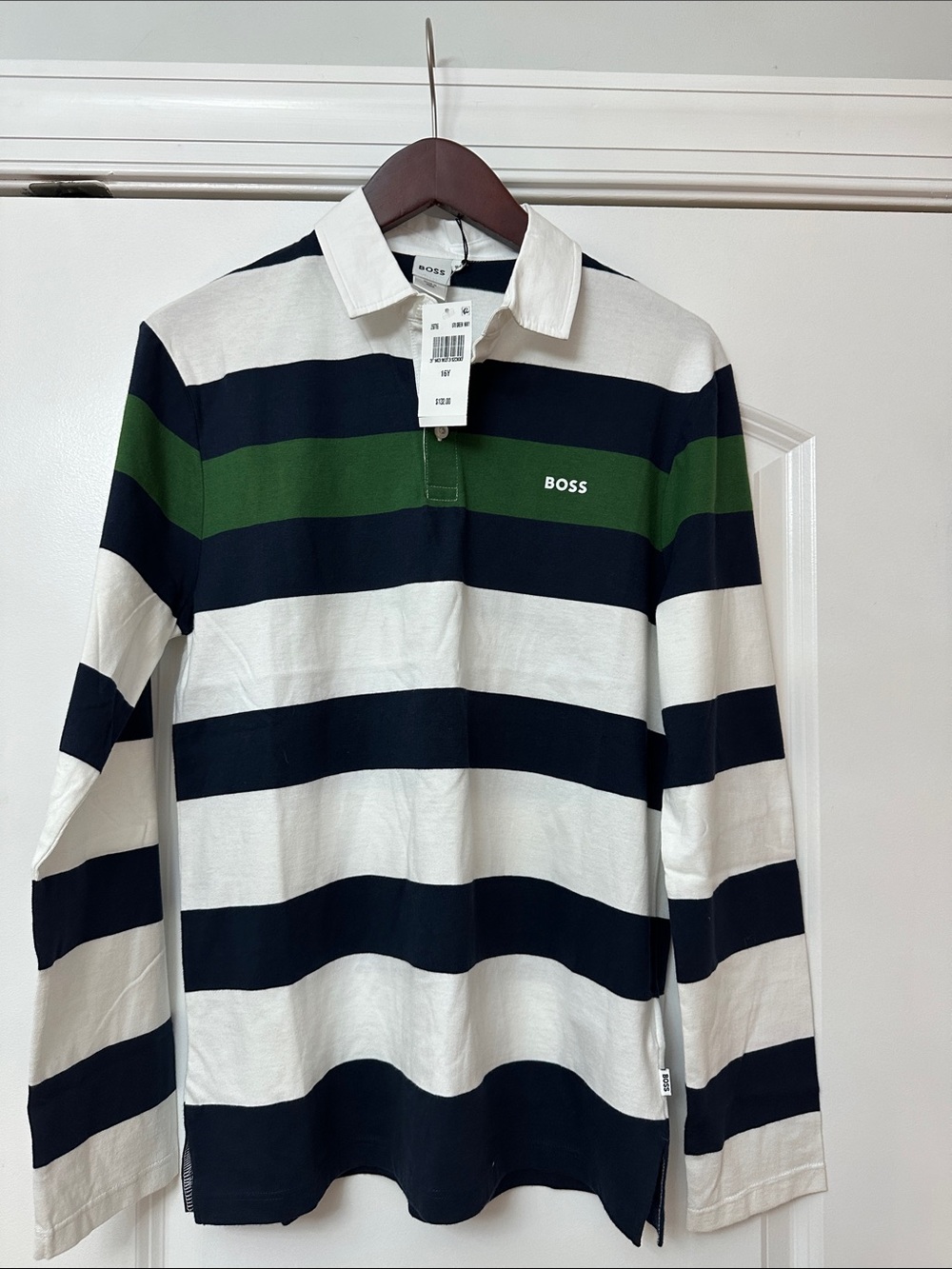BOSS Men's Navy, White & Green Striped Rugby Polo